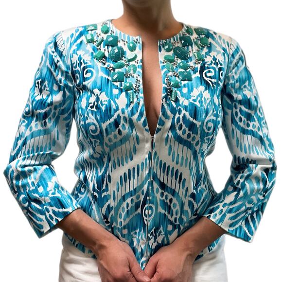 Peck & Peck Vintage Watercolor Print Embellished Jacket/6 - Picture 2 of 8